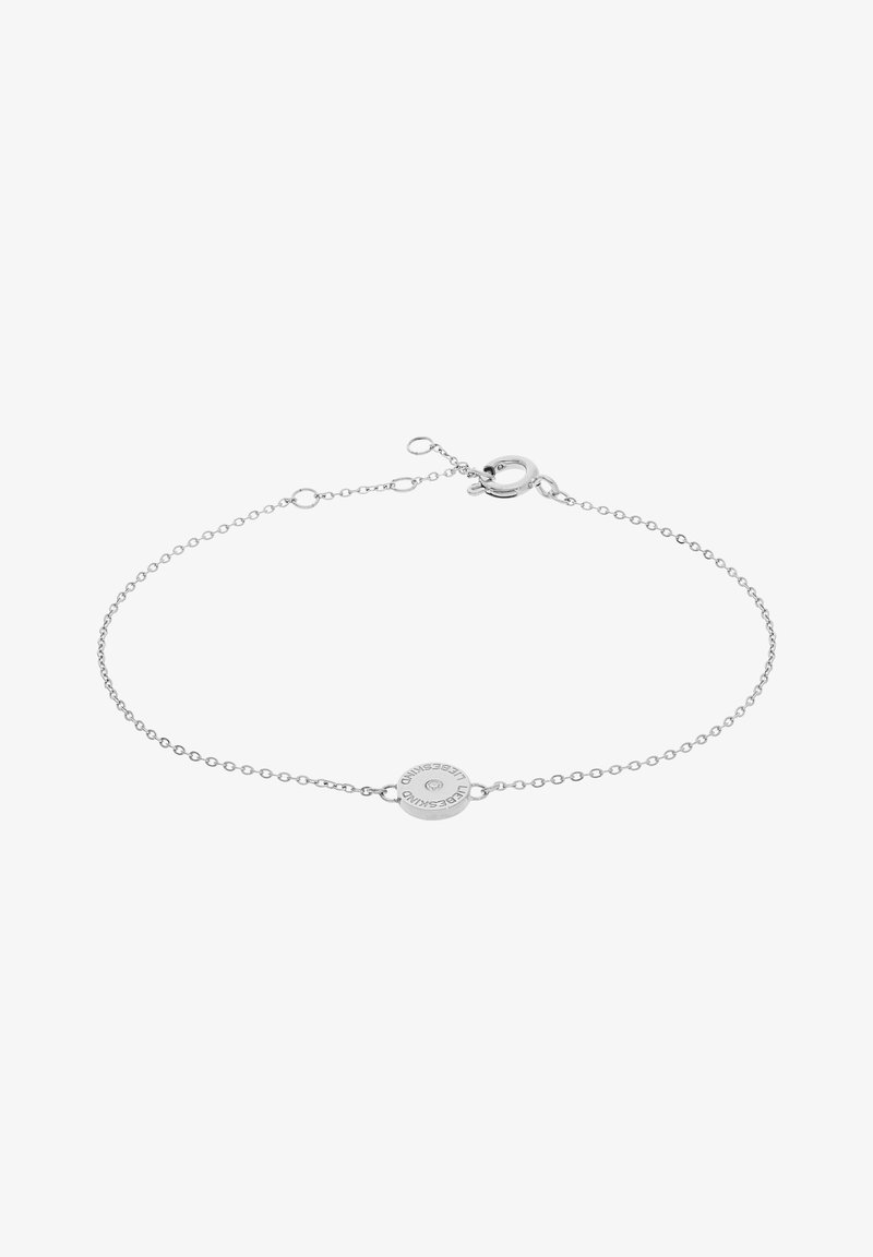 Bracciale in argento con una delicata catena e un charm rotondo centrale con testo incisa e due punti, rifinito con una chiusura a moschettone.