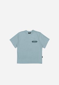 Light blue short-sleeve t-shirt made from cotton with a crew neckline and a small black graphic logo on the left chest area.