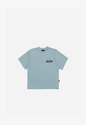 Light blue short-sleeve t-shirt made from cotton with a crew neckline and a small black graphic logo on the left chest area.