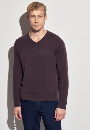 Dunkelvioletter V-Ausschnitt Pullover aus Baumwollmischung mit langen Ärmeln, gerippten Bündchen und Saum, mit einem dezenten Logo-Detail auf der Brust.