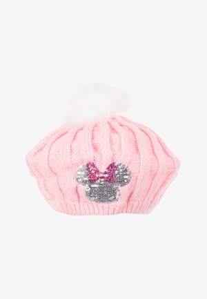 Gorro de punto rosa con un pompón blanco en la parte superior y un diseño de canalé texturizado. Decorado con un parche de Minnie Mouse de lentejuelas plateadas y rosas.