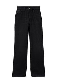 Jeans de mezclilla negra con un diseño de pierna recta, estilo de cinco bolsillos, remaches metálicos y cierre de botón. Textura suave, sin patrones ni logotipos visibles.