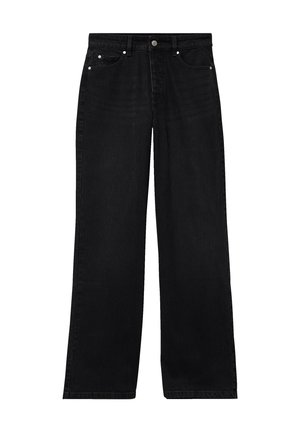 Czarne dżinsy o prostym kroju nogawki, pięciokieszeniowe, z metalowymi nitami i zapięciem na guzik. Gładka faktura, bez widocznych wzorów czy logo.