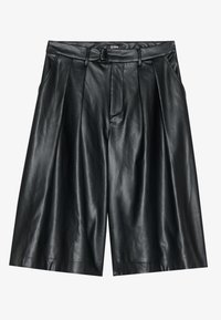 Black leather shorts with a smooth texture, featuring a pleated design, belt loops, and side pockets.