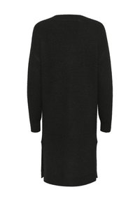 Čierny pletený cardigan s voľným strihom, dlhými rukávmi a bočnými rozparok. Textúra vyzerá mäkko a mierne nadýchnuto. Zobrazený pohľad zozadu.