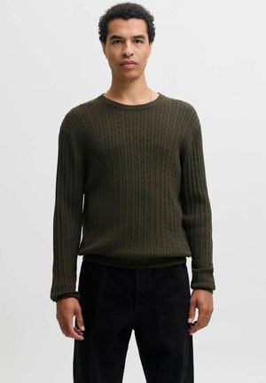 Jeune homme aux cheveux courts et bouclés portant un pull torsadé vert foncé et un pantalon noir, debout devant un fond uni.