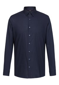 Navyblaues Langarmhemd mit Knopfverschluss aus glattem Stoff, klassischem Kragen, vorderer Knopfleiste und geknöpften Manschetten. Schimmernder, feiner Finish.