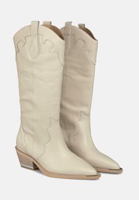 Botas de vaquero de cuero beige con punta afilada, detalles de costura y parte superior con forma de concha. Presentan un bajo tacón apilado de madera.
