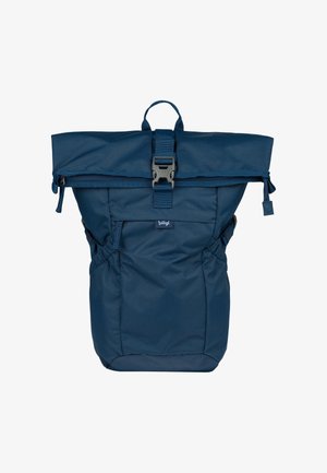 Navy blue roll-top backpack made of durable fabric, featuring a clasp closure, side pockets, and a sturdy carry handle.
