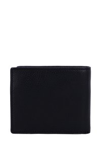 Portafoglio in pelle nera con superficie texture, design pieghevole a due sezioni e bordi cuciti. Compatto, con un aspetto semplice e minimalista.