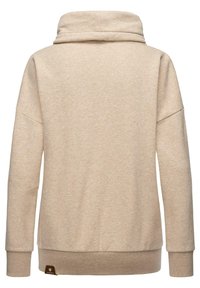 Felpa beige con un ampio cappuccio, cuciture sulle spalle a caduta e polsini e orlo a coste. Presenta un piccolo etichetta del marchio in basso a sinistra.