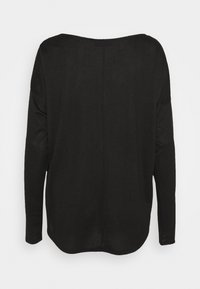 Musta pitkähihaisen paita, takaapäin, leveällä pääntielle, sileällä pinnalla ja pyöreällä helmalla. Kangas vaikuttaa kevyeltä ja hieman läpikuultavalta.