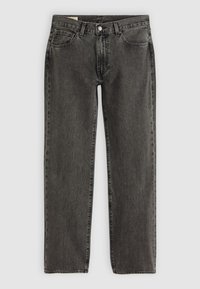Jean en denim gris foncé à coupe droite avec poches avant, passants de ceinture et fermeture par bouton.