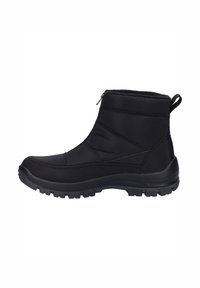 Botines negros hasta el tobillo con un upper sintético suave, cuello acolchado, cremallera lateral y suela de goma texturizada para agarre. Diseño liviano.