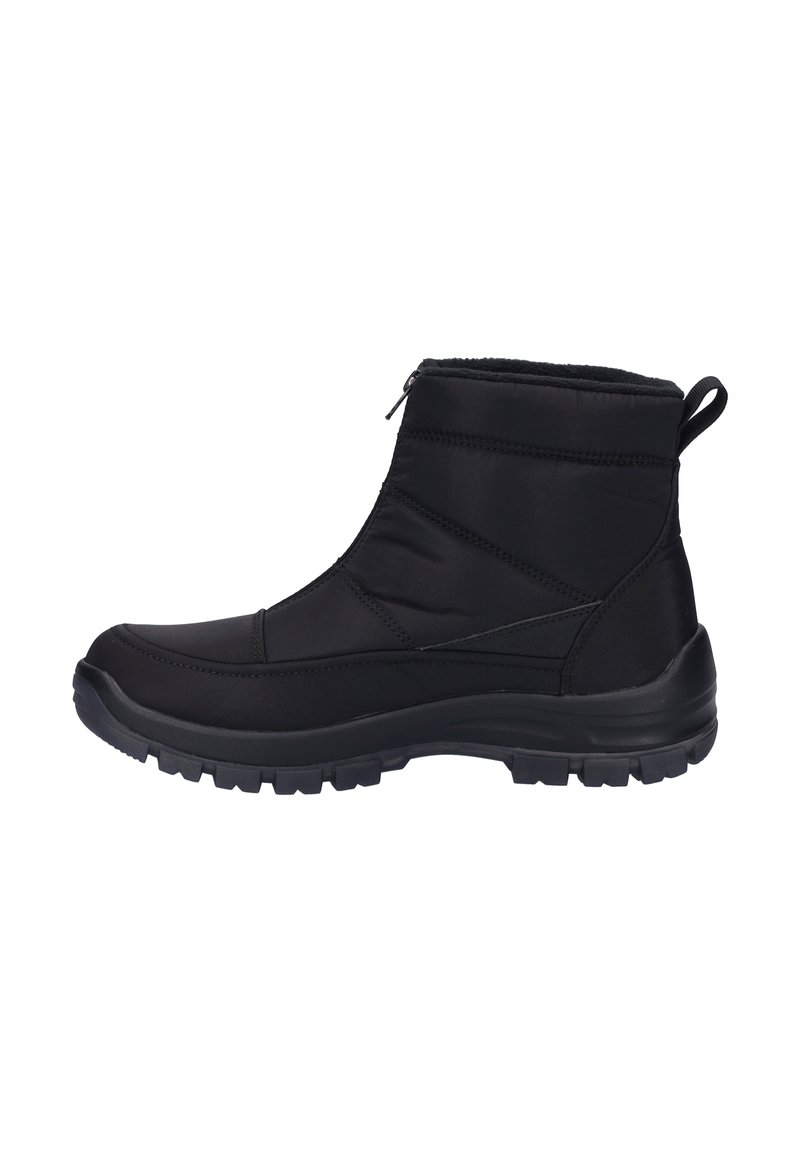 Botines negros hasta el tobillo con un upper sintético suave, cuello acolchado, cremallera lateral y suela de goma texturizada para agarre. Diseño liviano.