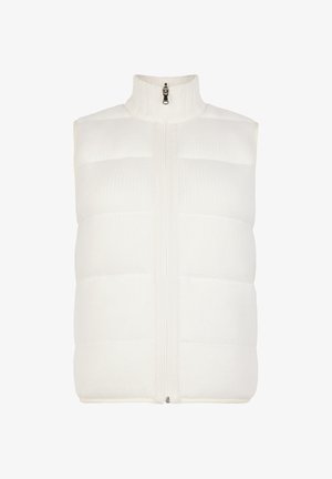 Hvid polstret vest med høj krave, lynlås og struktureret stof. Har vandrette quiltede sektioner og en glat indvendig foring.