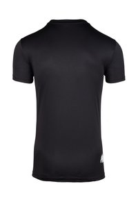 Short-sleeve black t-shirt made of smooth, stretchy fabric. Features a subtle logo on the lower right side and a round neckline.