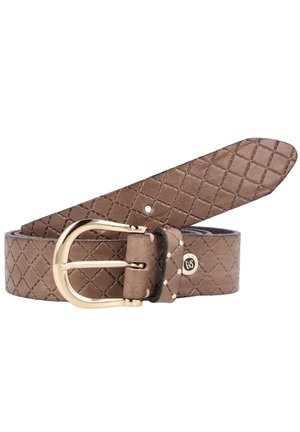 Ruskea teksturoitu nahkavyö, jossa kultaisen sävyn solki, timanttimainen kuvio ja koristeelliset yksityiskohdat soljen lähellä lisäyksinä.