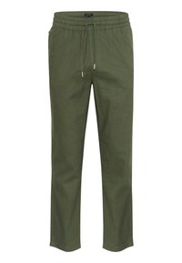 Olivenfarbene Freizeit-Hosen mit elastischem Bund und Kordelzug, geraden Beinen und Seitentaschen.