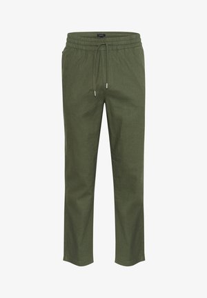 Pantalones casuales verde oliva con cinturilla elástica y cordón, de pierna recta y con bolsillos laterales.