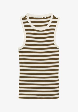 Pasi z brezrokavnikom s črtastim vzorcem v rjavi in beli barvi, izdelana iz rebraste tkanine, s zaobljenim izrezom in ravnim krojem.