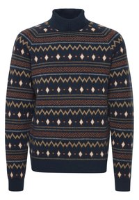 Pulover tricotat bleu închis cu guler înalt. Prezintă modele geometrice în alb, portocaliu și marron pe corp și pe mâneci. Textură călduroasă.