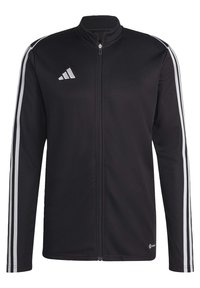Chaqueta deportiva negra con cremallera frontal completa, cuello alto y tres rayas verticales blancas en cada manga. Presenta un logo de Adidas.