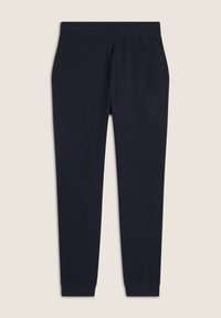 Pantalons de jogging bleu marine en tissu doux, avec une taille élastique et des poignets côtelés, dotés de poches latérales et d'un design épuré et fuselé.