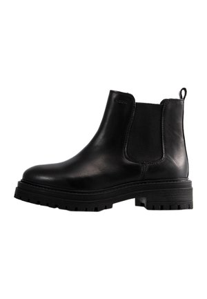 Schwarzer Chelsea-Stiefel aus Leder mit elastischen Seitenteilen, abgerundetem Zehenbereich, grober Sohle mit Profil und einer Schlaufe hinten.