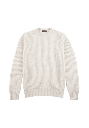 Pull en maille beige avec une texture côtelée, col rond et manches longues. Le tissu semble épais et doux avec un motif uniforme.
