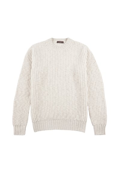 Beige gestrickter Pullover mit geripptem Muster, Rundhalsausschnitt und langen Ärmeln. Der Stoff wirkt dick und weich mit einem gleichmäßigen Muster.