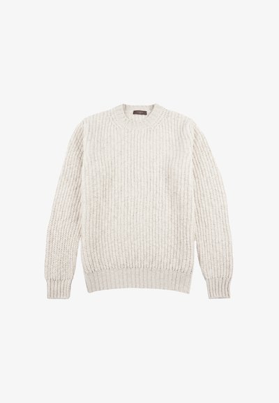 Beige gestrickter Pullover mit geripptem Muster, Rundhalsausschnitt und langen Ärmeln. Der Stoff wirkt dick und weich mit einem gleichmäßigen Muster.