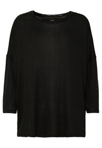 Czarny, oversize'owy sweter wykonany z lekkiej, fakturowanej tkaniny. Posiada szeroki dekolt i rękawy o długości do łokcia.