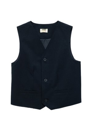 Marineblå, ærmeløs vest med V-hals, fem knaplukninger og to forlommer. Glat stof med en let glans.