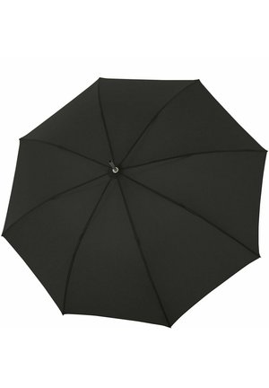 Un parapluie noir avec un canopy rond, fabriqué en tissu. Huit pans avec une texture lisse et un mât central en métal pour le soutien.