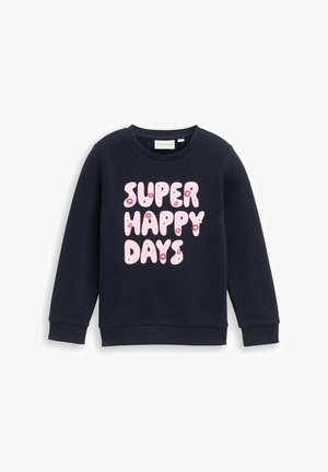 Temno modra majica s krožnim izrezom. Vsebuje besedilo "SUPER HAPPY DAYS" v roza barvi z cvetličnimi poudarki. Mehka tekstura, dolgi rokavi.