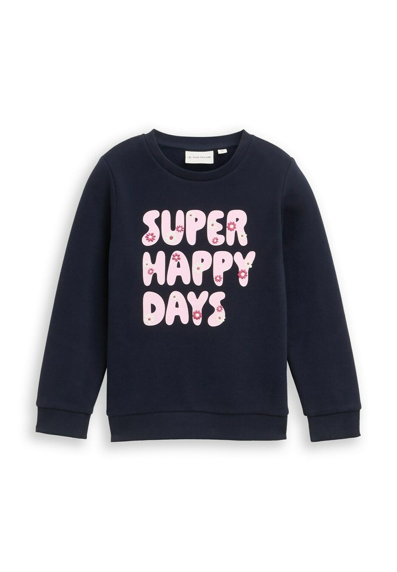 Felpa blu navy con colletto rotondo. Presenta il testo "SUPER HAPPY DAYS" in rosa con accenti floreali. Tessuto morbido, maniche lunghe.
