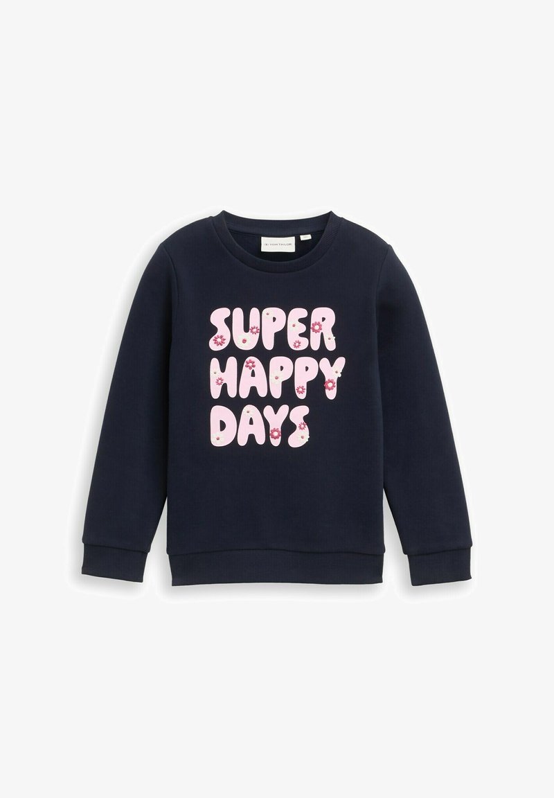 Marineblauwe sweatshirt met een ronde hals. Bevat de tekst "SUPER HAPPY DAYS" in het roze met bloemaccenten. Zachte textuur, lange mouwen.