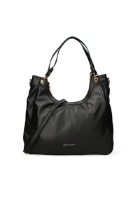 Borsa a tracolla nera in pelle con superficie texturizzata, dettagli dorati, doppie tracolle e un ampio scomparto principale aperto.