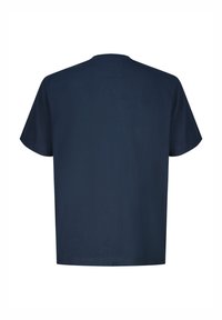 Granatowy t-shirt z krótkim rękawem, pokazany od tyłu, z okrągłym dekoltem i prostym, jednolitym wzorem.