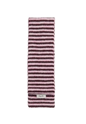 Folded knitted scarf with alternating pink and dark brown horizontal stripes and a small rectangular fabric label near one end.