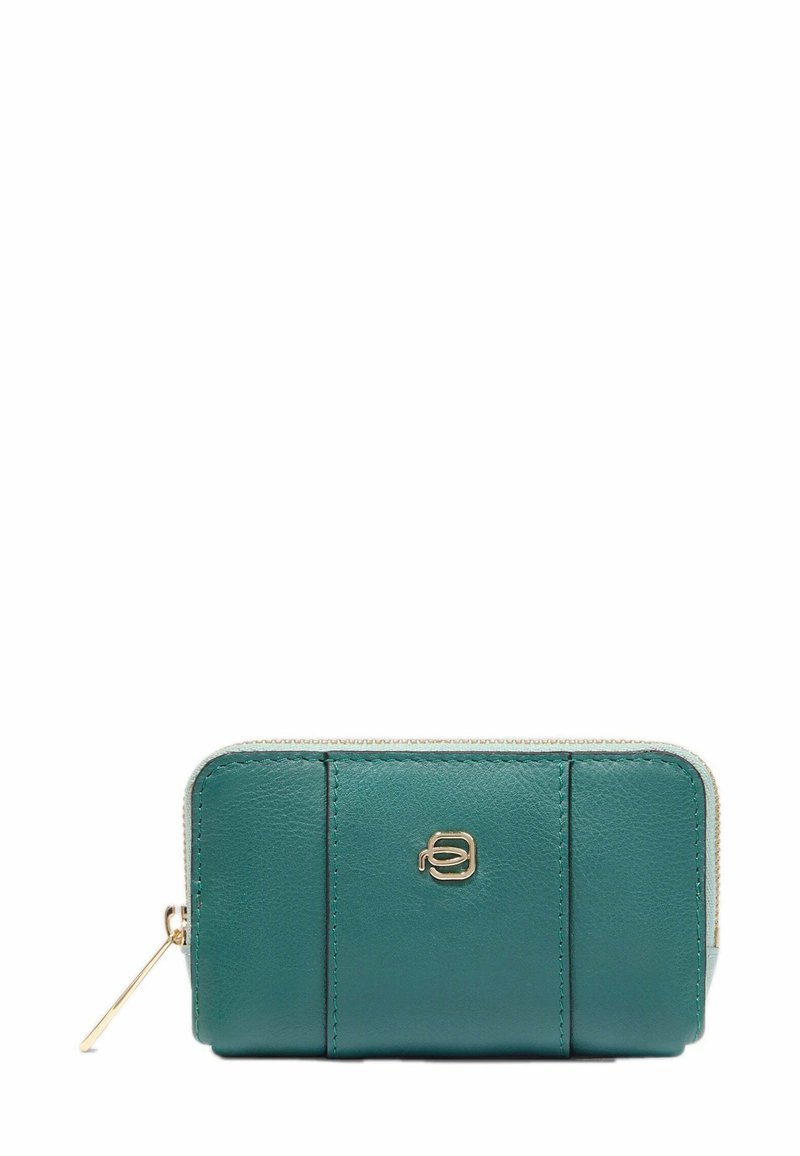 Portefeuille en cuir vert avec fermeture éclair, tirette dorée et petit logo doré au centre avant.