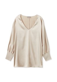 Beige satinbluse med dyb V-udskæring og puffede lange ærmer. Blød tekstur, løs pasform og en subtil glans. Designet til afslappet brug.