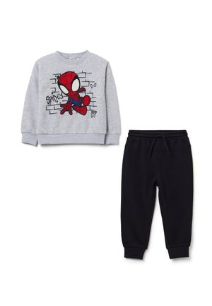 Gray sweatshirt with embroidered Spider-Man design and black jogger pants. Cotton blend fabric, ribbed cuffs, and a relaxed fit.