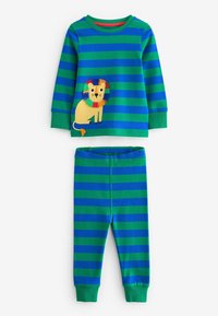 Stribet pyjamasæt i grønne og blå nuancer. Langærmet top med et lion-grafik, matchende stribede bukser og ribbede manschetter. Blødt materiale.