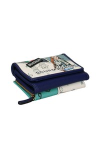 Portafoglio a tre ante in tessuto blu navy e design grafico multicolore, con chiusura a zip e accenti a contrasto.