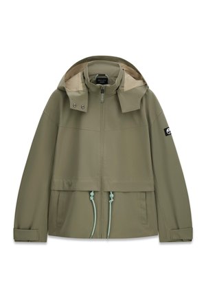 Veste à capuche vert olive avec fermeture éclair à l'avant, cordons réglables, manches longues avec poignets en velcro et petit écusson logo sur le bras gauche.