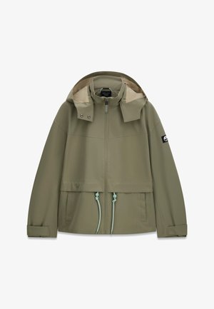 Veste à capuche vert olive avec fermeture éclair à l'avant, cordons réglables, manches longues avec poignets en velcro et petit écusson logo sur le bras gauche.