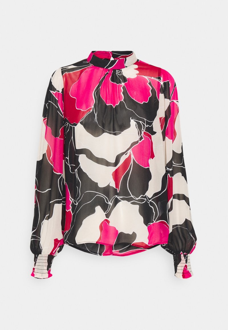 Blouse à manches longues avec col montant et poignets élastiques, avec un motif floral abstrait audacieux en rose, noir et blanc.