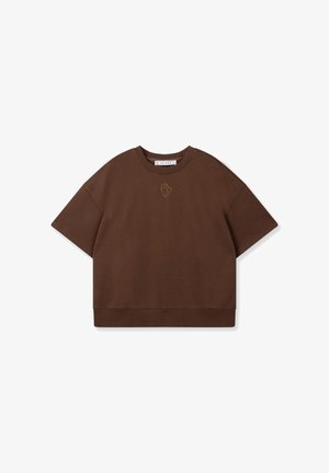 Brązowa bluza z krótkim rękawem wykonana z miękkiego materiału, z okrągłym dekoltem i małym haftowanym logo na przodzie.